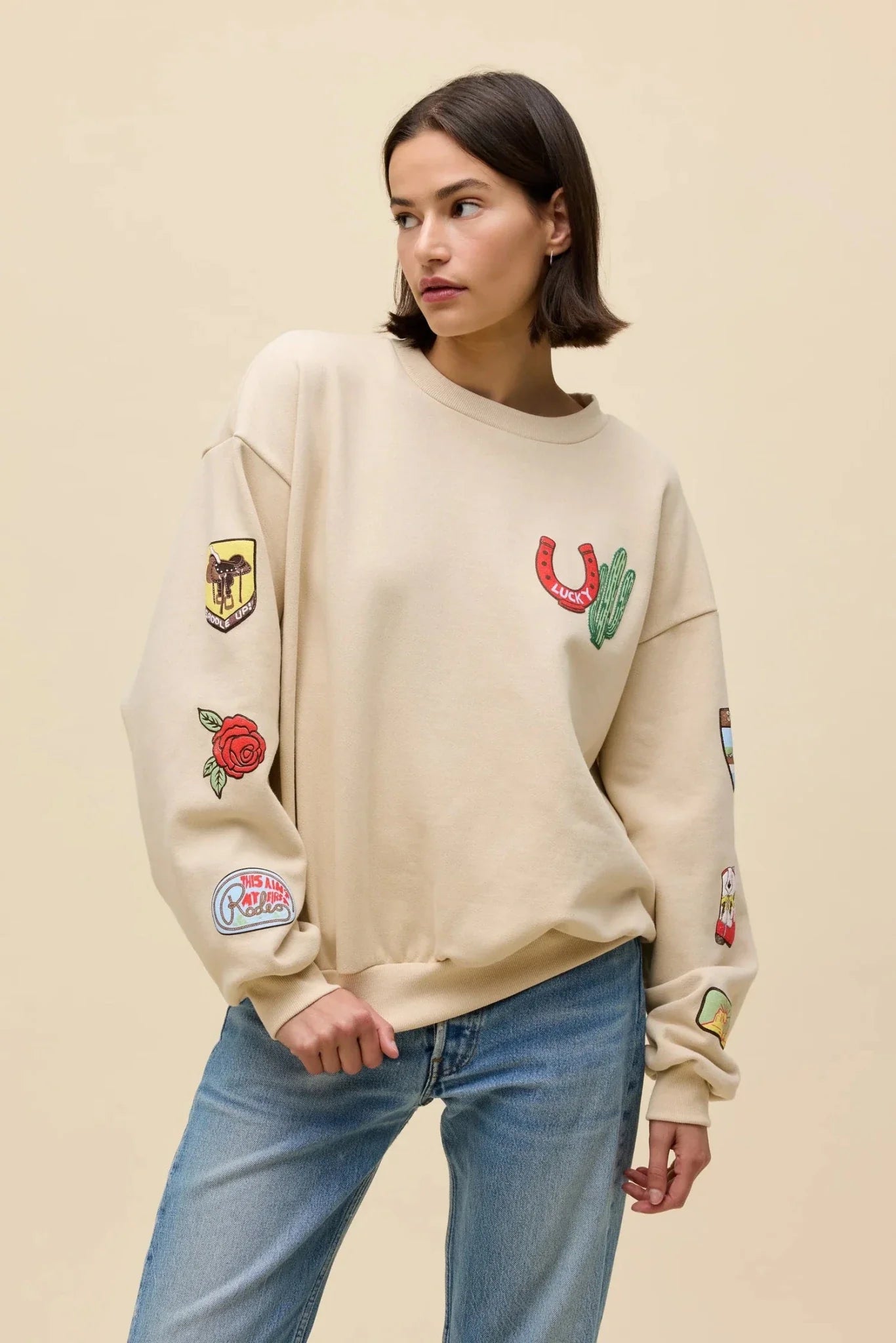 Daydreamer Western Patches Oversized Crew Sweatshirt in Sand
