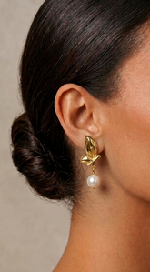 Eternal Flower Pearl Drop Dangle 18K Earrings - Gold