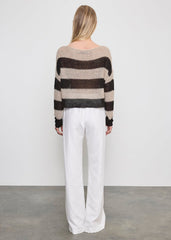 Enza Costa Stripe Linen Bateau Sweater in Black Oatmeal