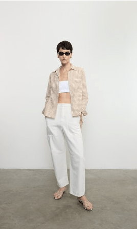 Enza Costa Textured Gingham Shirt in Japanese Cotton in Sand Gingham