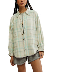 Free People Girl Meets Boy Plaid Shirt in Tea Combo