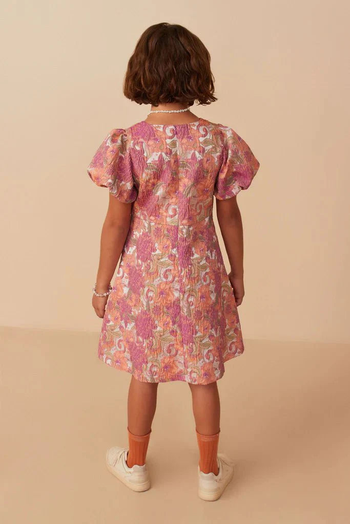 Hayden Girl Puff Sleeve Floral Print Jacquard Dress