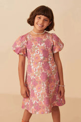 Hayden Girl Puff Sleeve Floral Print Jacquard Dress