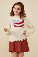 Hayden Girls Distressed Old Glory Graphic Sweater in Ivory