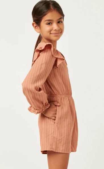 Hayden Girls Ruffle Shoulder Romper in Mauve