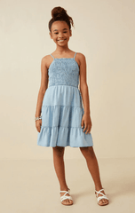 Hayden Girls Smocked Tiered Skirt Denim Tencel Mini Dress