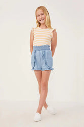 Hayden Girls Smocked Waist Ruffled Shorts in Light Denim