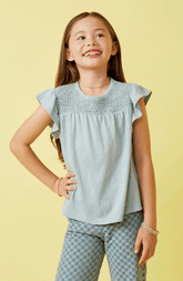 Hayden Girls Smocked Yoke Ruffle Shoulder Top in Blue