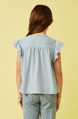 Hayden Girls Smocked Yoke Ruffle Shoulder Top in Blue