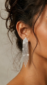 Rhinestone Statement Fringe Drop Earrings - Silver