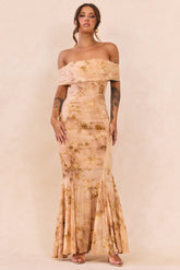 Serina Flocked Mesh Maxi Dress - Nude