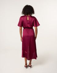 Satin Wrap Frill High To Low Midi Dress