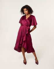 Satin Wrap Frill High To Low Midi Dress