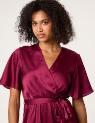 Satin Wrap Frill High To Low Midi Dress