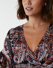 Paisley Wrap Front Pleated Kimono Sleeve Dress