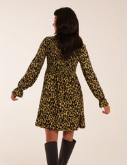 Shirred Trapeze Frill Neck And Sleeve Mini Dress