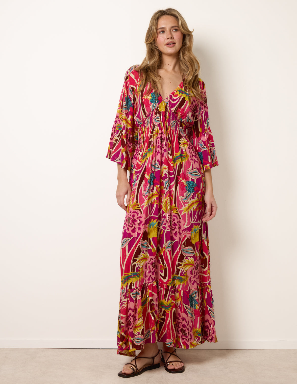 Tropical Print V-Neck Maxi Dress