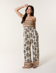 Print Strapless Bandeau Shirred Jumpsuit