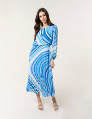Swirl Print Pleated Round Neck Dress