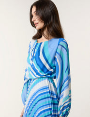 Swirl Print Pleated Round Neck Dress