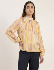 Tile Print Puffball Blouse With Metallic Detail