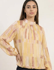 Tile Print Puffball Blouse With Metallic Detail