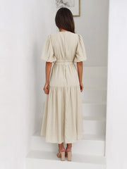 KIMONA SMOCKED SHORT SLEEVE MAXI DRESS - BEIGE