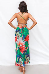 Katrina Midi Dress - Green/Pink Print