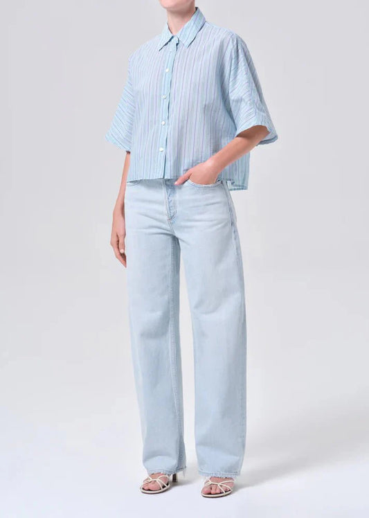 Agolde Merrin Shirt In Wirrel Stripe Powder Blue
