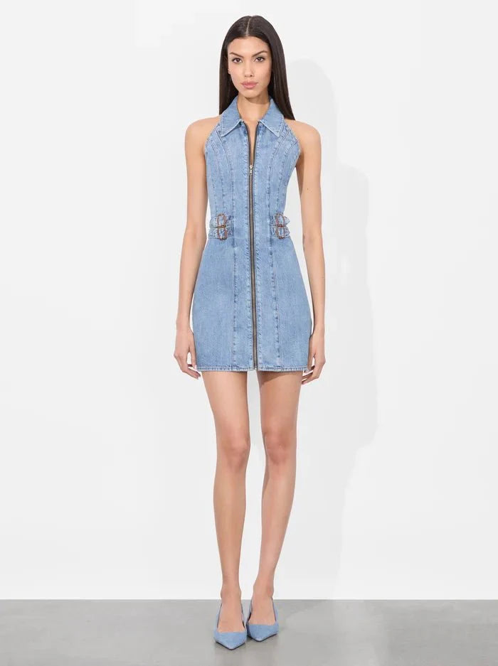 Alice + Olivia Axelle Denim Mini Dress in Peyton Vintage Blue