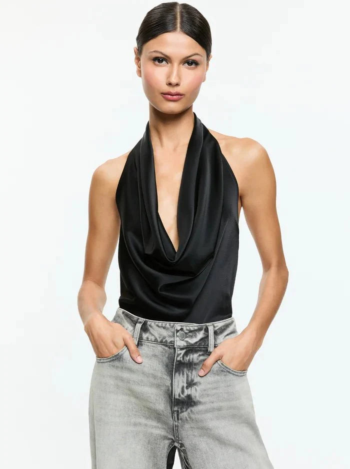 Alice + Olivia Ayanna Deep Cowl Top in Black