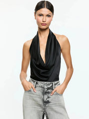 Alice + Olivia Ayanna Deep Cowl Top in Black