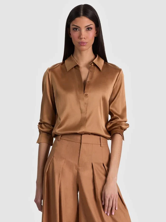 Alice + Olivia Brady Silk Blouse in Tan