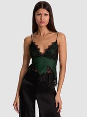 Alice + Olivia Claudia Lace Slip Top in Green Mystique Black