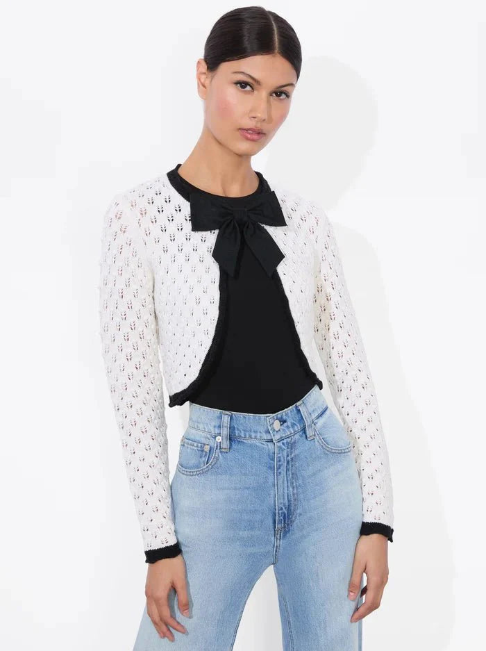 Alice + Olivia Dannie Shrug Bow Cardigan in Soft White Black