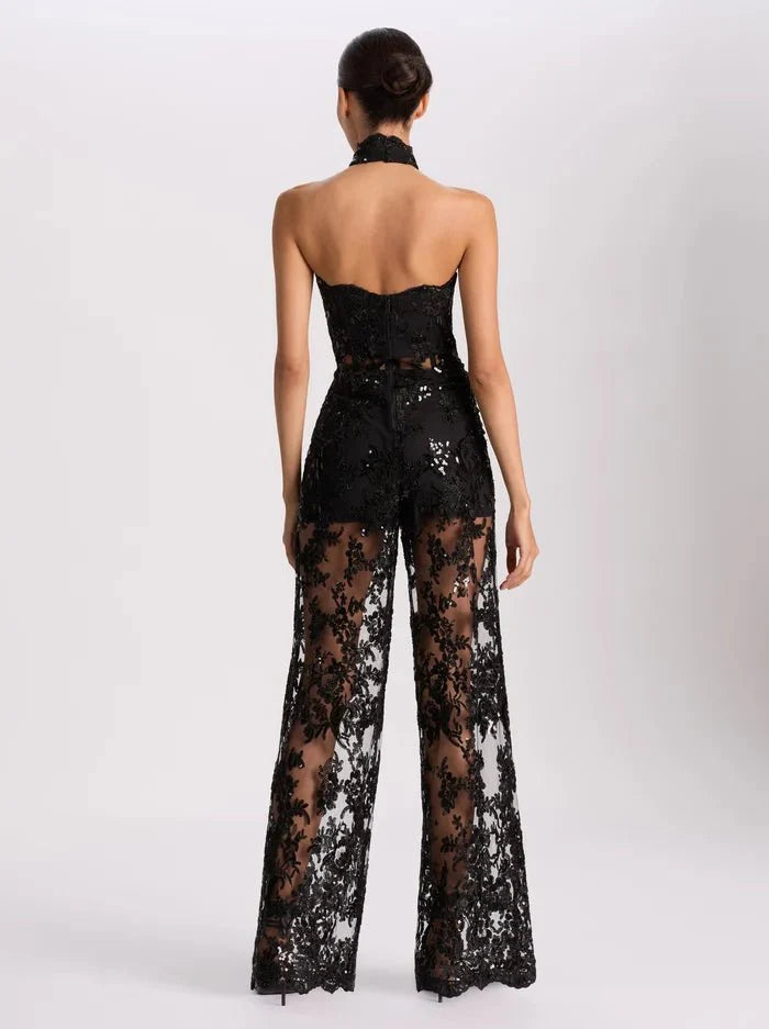 Alice + Olivia Georgie Embellished Lace Jumpsuit in Black