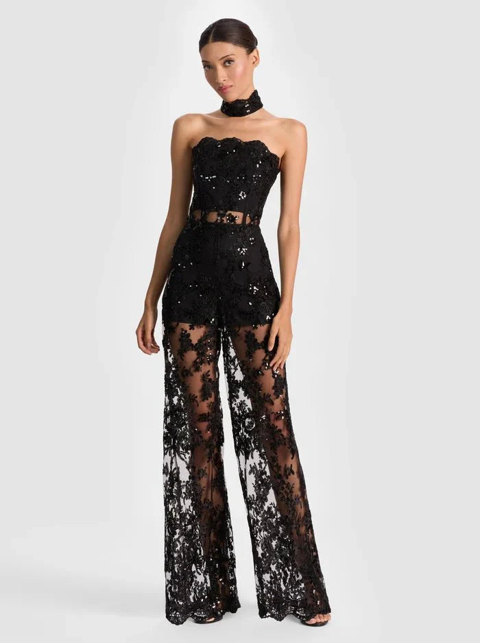Alice + Olivia Georgie Embellished Lace Jumpsuit in Black