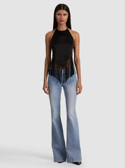 Alice + Olivia Greta Halter Handkerchief Fringe Top in Black
