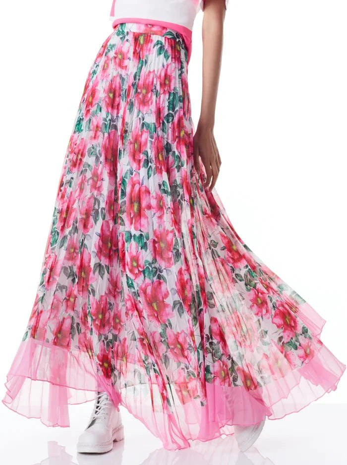 Alice + Olivia Katz Sunburst Pleated Maxi Skirt in High Tea Floral