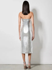 Alice + Olivia Kelly Shiny Vegan Leather Midi Dress in Silver