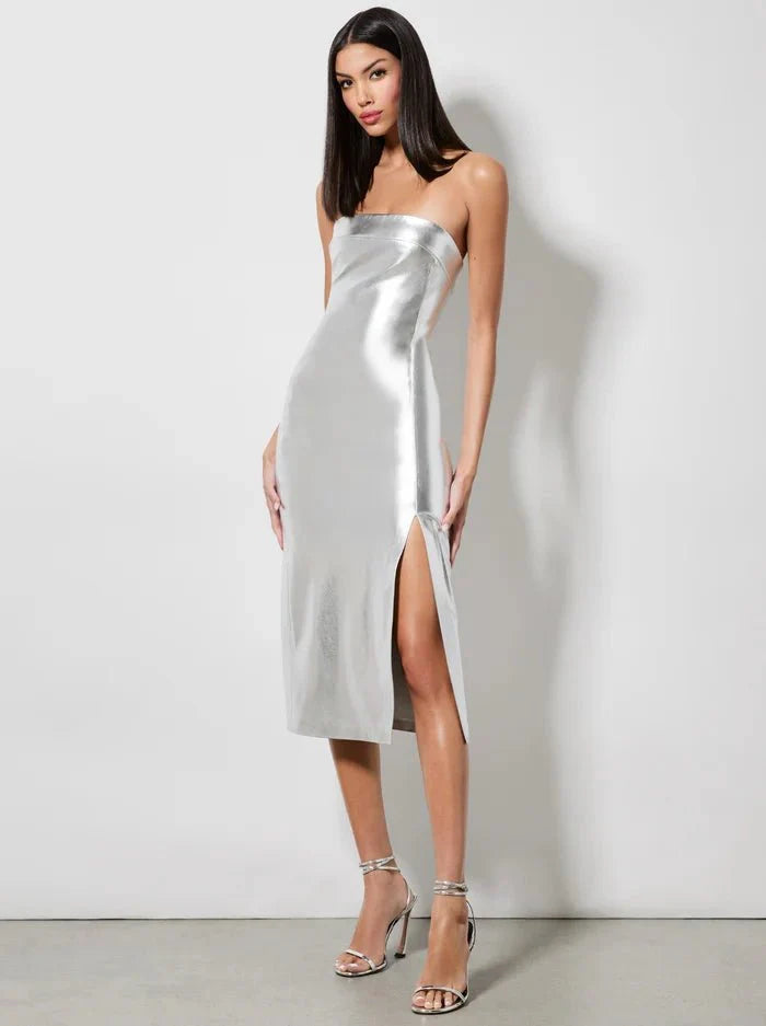 Alice + Olivia Kelly Shiny Vegan Leather Midi Dress in Silver