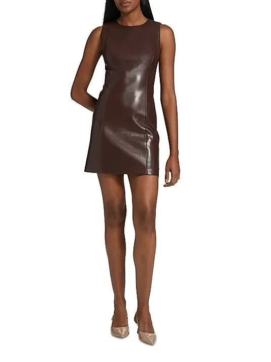 Alice + Olivia Lena Vegan Leather Mini Dress in Chocolate