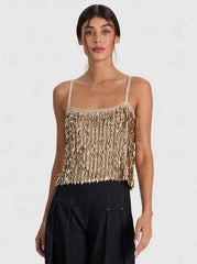 Alice + Olivia Nicolette Sequin Tank in Sand Gold