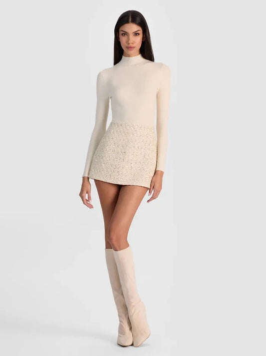 Alice + Olivia Rubi Embellished Tweed Mini Skirt in Natural