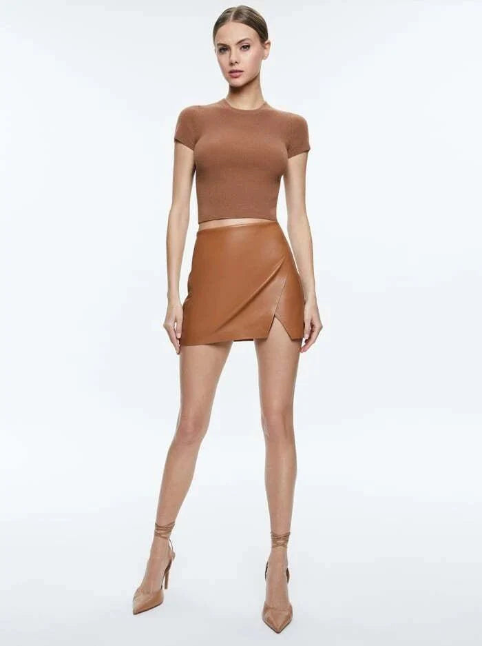 Alice + Olivia Siobhan Vegan Wrap Mini Skirt in Camel