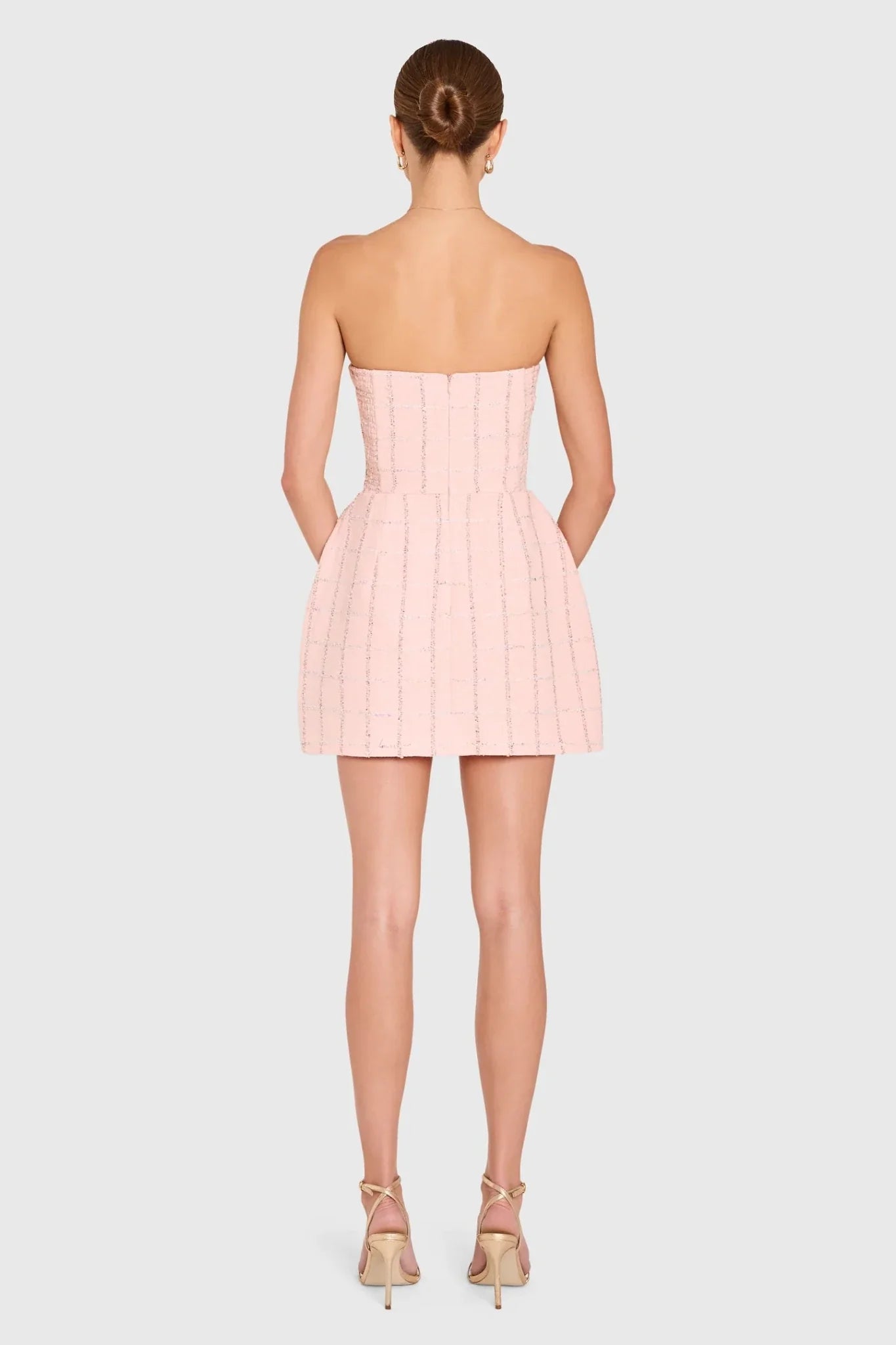 Amanda Uprichard Strapless Bethany Romper in Charlotte Tweed in Mochi