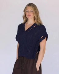 Archer Cashmere Marie Cable Short Sleeve V Neck in Navy