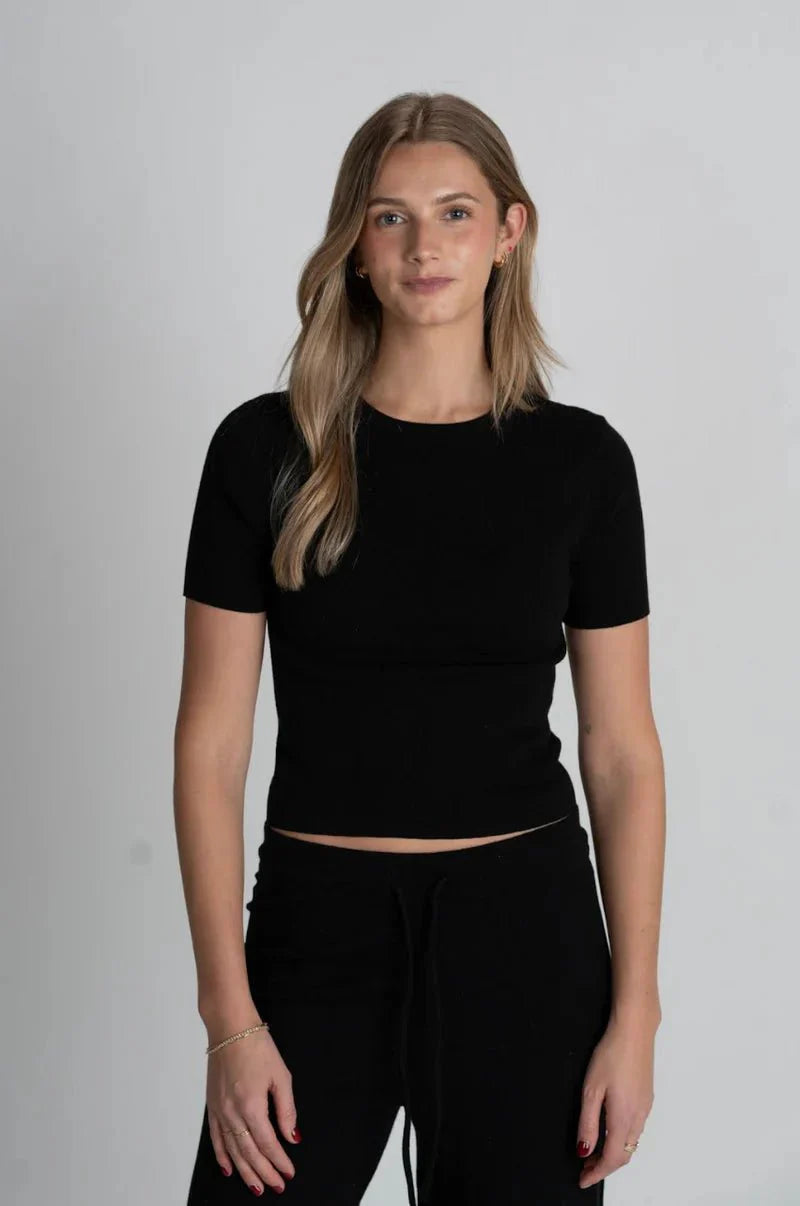 Archer Cashmere Sage Rib Tee in Black