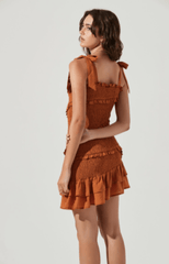 ASTR Eastwick Smocked Ruffle Mini Dress in Brown