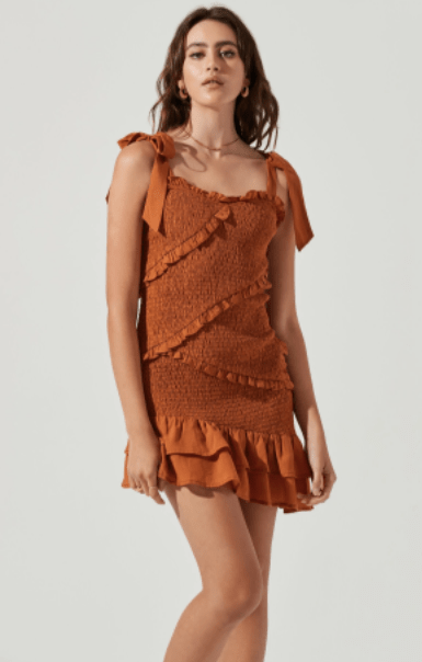 ASTR Eastwick Smocked Ruffle Mini Dress in Brown